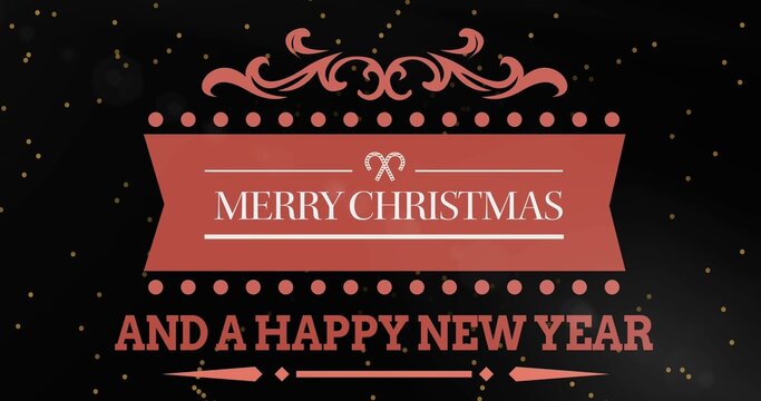 Showing centered greeting graphic glowing on black backdrop, coral-red ribbon, candy-cane, confetti