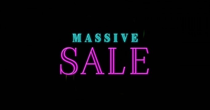 Glowing magenta SALE, cyan MASSIVE neon text drawing focus on black backdrop with halos and streaks