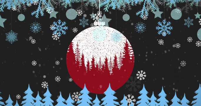 Hanging large round ornament showing pine silhouette with cap on holiday card, snowflakes