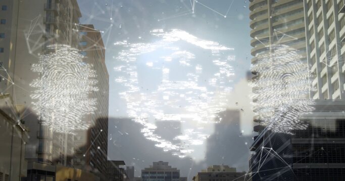 Hovering luminous skull face graphic above downtown canyon, overlaying fingerprint spirals