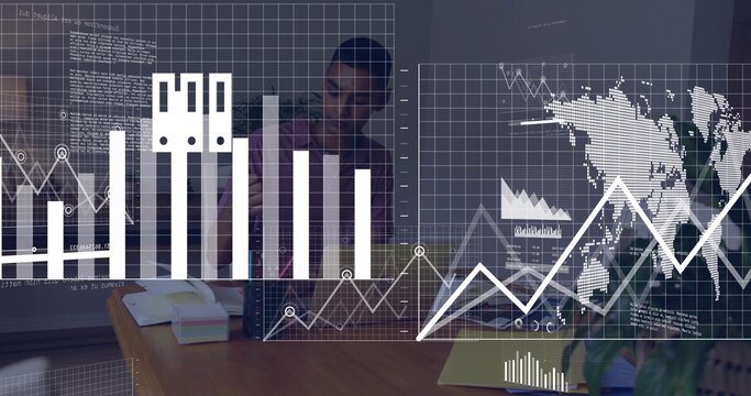 Leaning man wearing blazer reviewing papers at wooden table, with transparent data overlays