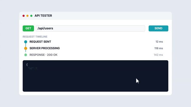 Flat Design Animation of an API Testing Tool Interface with JSON Data Response and Server Request Timeline