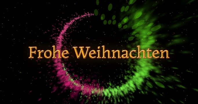 Glowing golden serif text Frohe Weihnachten shining on black backdrop, with magenta and green arcs