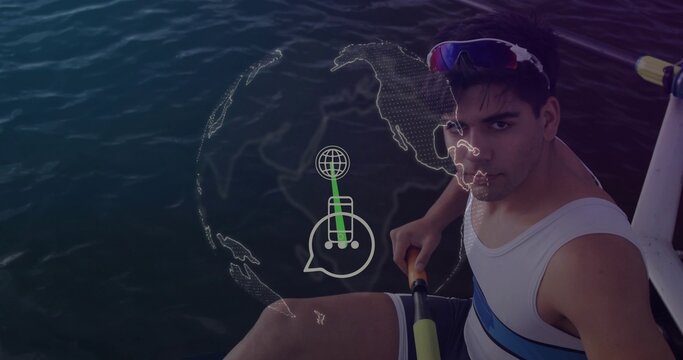 Rowing man holding yellow oar, wearing singlet, shades on water with world map overlay, copy space