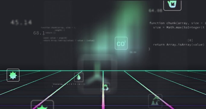 Rising central beam leading magenta-teal path over neon-grid with icon-tiles, code readouts