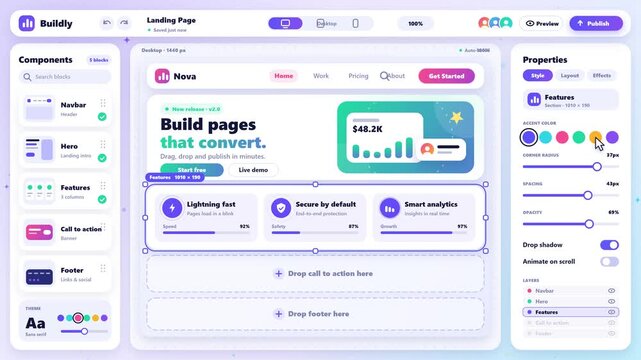 Modern website builder dashboard interface with landing page design and customization tools.