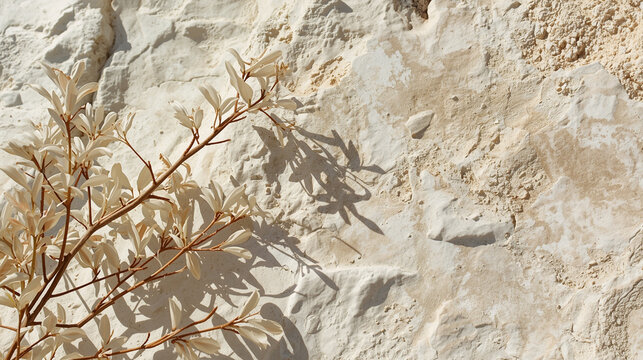 Rustic wabi-sabi background concept with dry autumn flowers and branches against textured limestone wall in warm sunlight