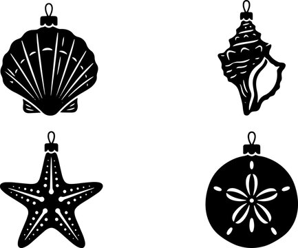 Seashell silhouettes starfish and sand dollar shapes are depicted as black vector ornaments on a white background scallop conch sanddollar