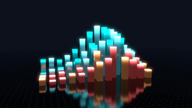 Glowing 3D bar chart growing with line graphs and slow camera drift