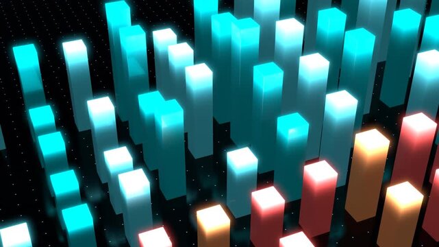 Close up over a field of glowing 3D bars with shallow depth of field