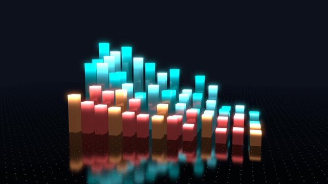 Glowing 3D bar chart with falling trend and line graphs as a crash