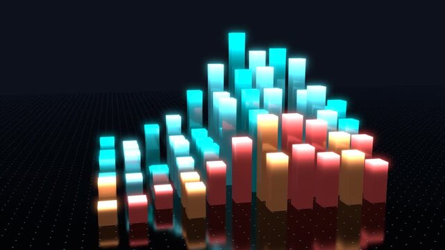Camera orbiting a glowing 3D bar chart with rising line graphs