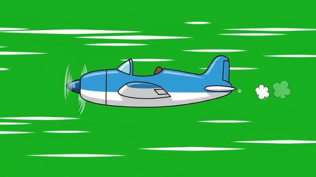 Whimsical cartoon aircraft in full flight, a blue plane speeding across a vibrant green scene