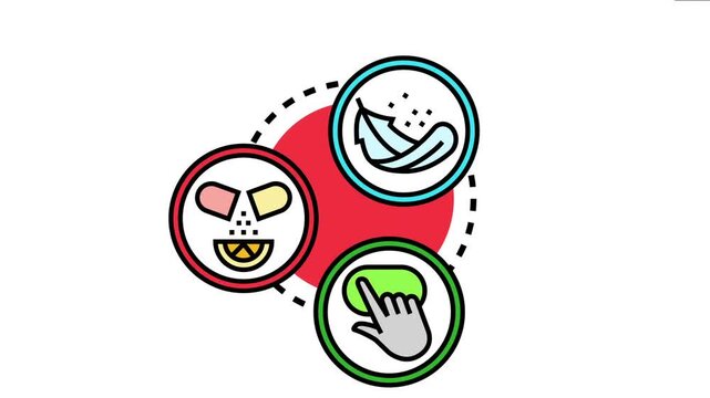 Product recall announcement concept displaying a pill, feather and dust, and a hand pressing a button, symbolizing quality issues and the process of notifying consumers about potential harm