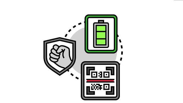 Product recall announcement concept consumer safety, quality control, and efficient product identification systems using an illustrative battery, shield, and qr code design