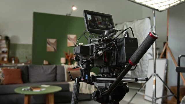 Professional cinema camera mounted on tripod in video production studio displaying recorded actors on monitor. Footage suitable for filmmaking tutorials and advertising