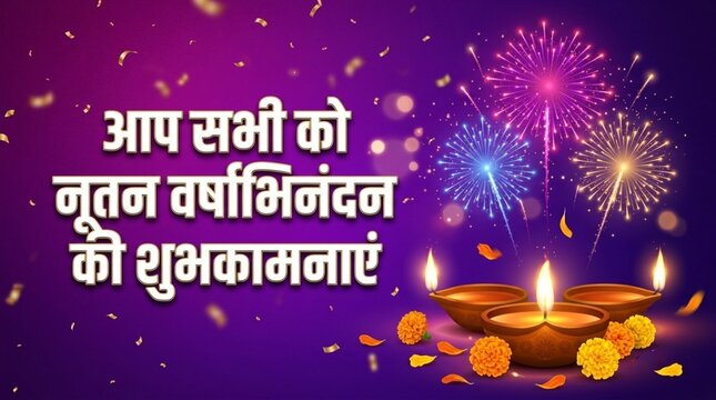 Nutan Varshabhinandan', meaning 'Happy New Year' in Hindi language, India. Indian festival of lights, even called Diwali. Nutan varshabhinandan and Saal Mubarak Post Template in .
