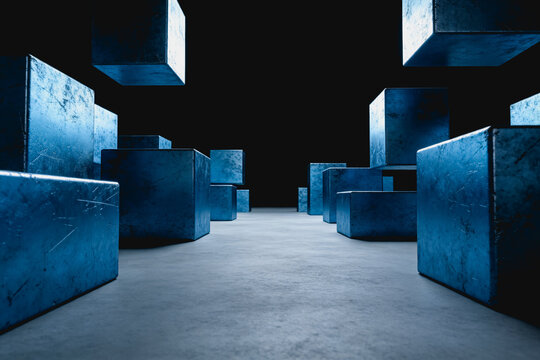 3D rendered metallic cubic structures arranged in a dark, minimalist abstract space with reflective surfaces.