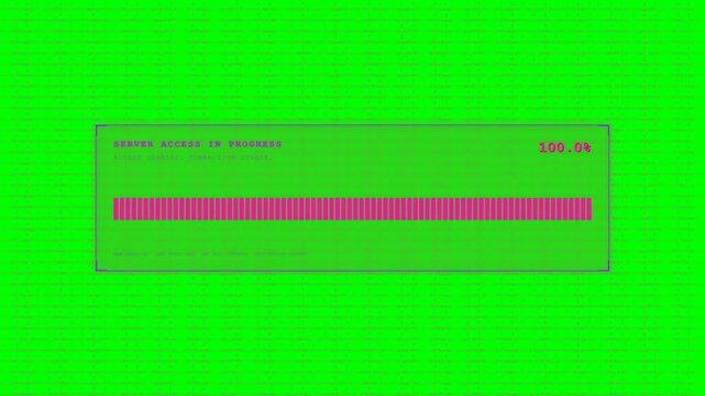 Professional 4K animation of a pink and purple server access progress bar with a background of computer code over a pure green screen. Clean design with absolutely no black colors.