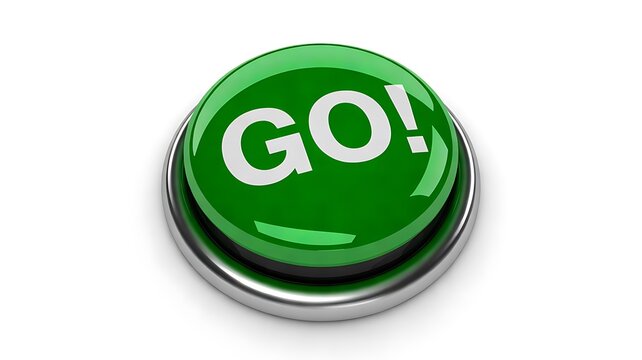 Green Go Button with Bold Text on White Background, Start Action, Approval, Progress and Business Decision Concept