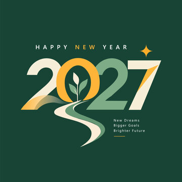 2027 Happy New Year vector banner. Creative green number logotype featuring plant sapling, pathway symbol, and motivational greeting text