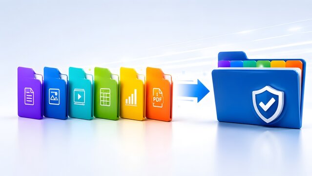 Colorful 3D folders with diverse file icons securely transfer documents to a protected folder, symbolizing digital data security.