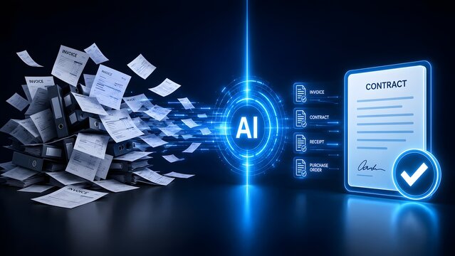 Artificial intelligence transforming traditional paper documents into streamlined digital contracts, invoices, and receipts for modern business automation.