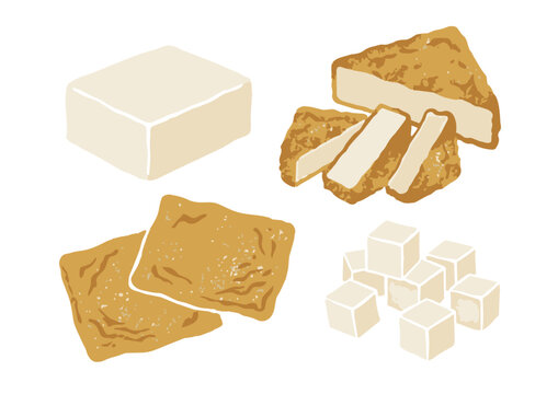 Printmaking Style Soy Product Vector Illustration Set with Tofu, Deep Fried Tofu and Fried Tofu／版画風の大豆製品（豆腐・厚揚げ・油揚げ）のベクターイラストセット