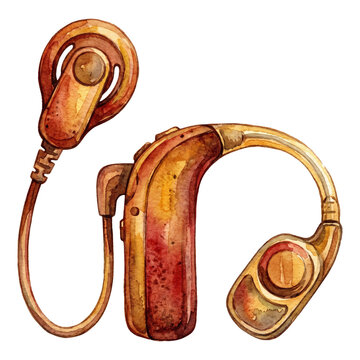Watercolor cochlear implant and hearing aid device illustration, assistive hearing technology for deaf and hard of hearing awareness
