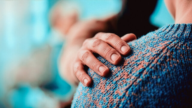 Hand resting on a person's shoulder