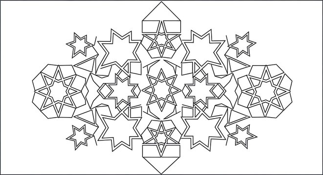 Intricate geometric mandala pattern featuring complex intersecting star shapes and sharp black outlines