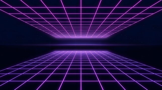 Abstract futuristic tunnel with vibrant purple and blue neon grid lines