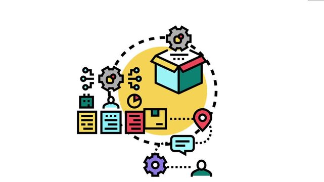 Value stream mapping visualizing production process steps, from manufacturing and delivery to quality control and customer feedback, optimizing business operations and efficiency