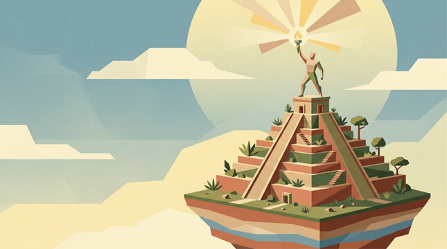 Heroic figure holding a torch atop a floating ancient Mayan step pyramid in a cloudy sky with a large sun, flat vector illustration of success, leadership, and enlightenment, AI generated.