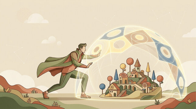 AI generated illustration of a guardian man placing a glowing protective dome over a miniature village, symbolizing safety, security, and environmental sustainability in a soft vintage style.