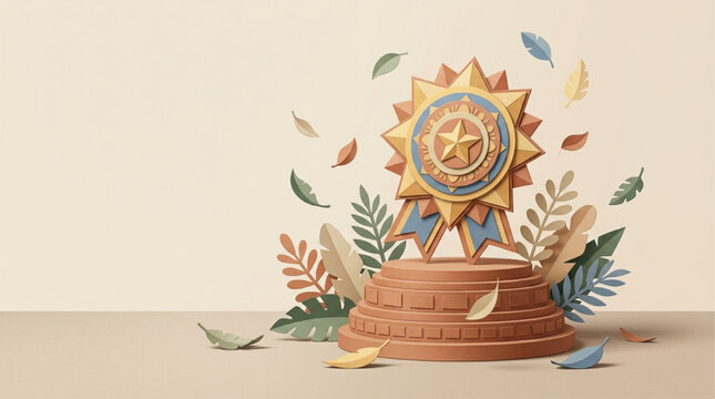 3D Rendered Gold Star Award Medal on a Tiered Pedestal Surrounded by Stylized Autumn Leaves, Concept of Achievement and Recognition, Soft Warm Lighting, AI Generated
