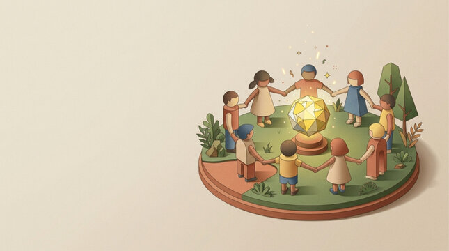 Diverse Children Holding Hands in a Circle Around a Glowing Geometric Crystal, 3D Isometric Illustration Representing Unity, Peace, and Global Collaboration, AI Generated Art