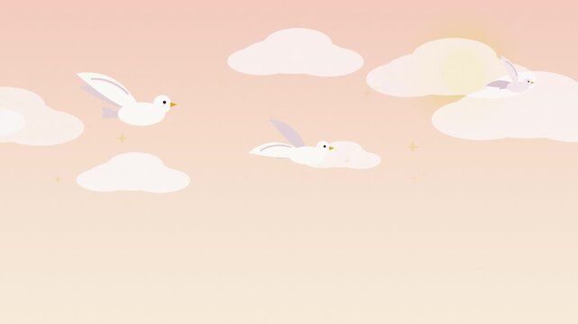 Two white doves flying across a blush sky in a seamless loop