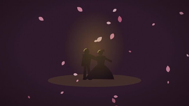 Dancing bride and groom silhouette swaying in a warm spotlight