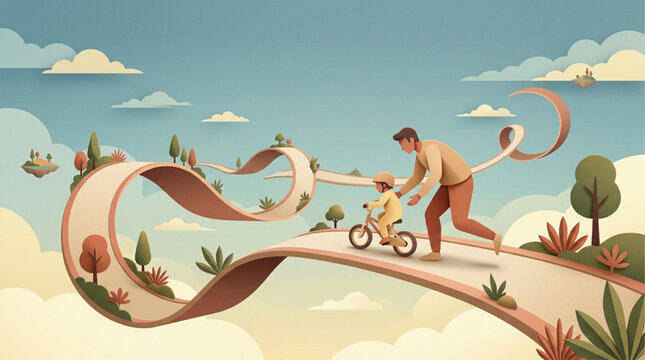 Whimsical Illustration of a Father Teaching His Child to Ride a Bicycle on a Winding Ribbon Path Through a Dreamlike Cloudy Sky, Soft Pastel Lighting, AI Generated