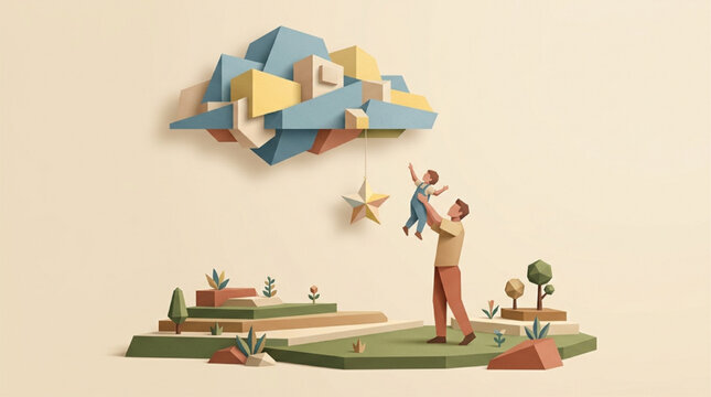 AI Generated 3D Papercraft Illustration of a Father Lifting a Child to Reach a Star Hanging from a Geometric Cloud, Whimsical Minimalist Scene Representing Parenting, Dreams, and Inspiration