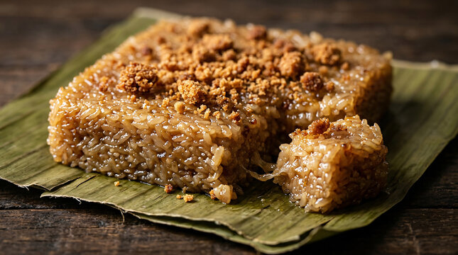 Close-up of traditional caramelized sticky rice cake served on a banana leaf