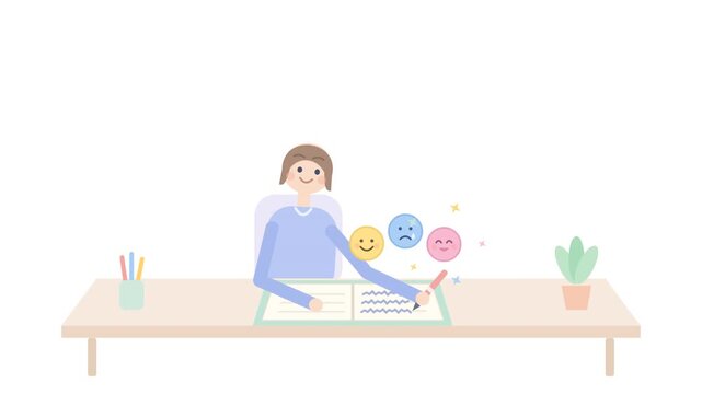 Woman journaling emotions for mental health awareness animation