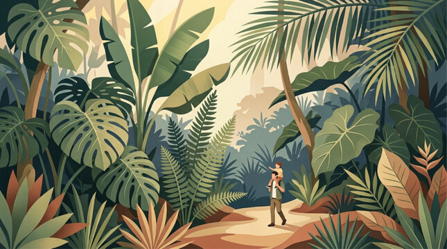 Lush Tropical Jungle Illustration with Father Carrying Child on Shoulders, Dense Exotic Foliage, Monstera and Palm Leaves, Warm Sunlight Filtering Through Trees, Family Adventure, AI Generated