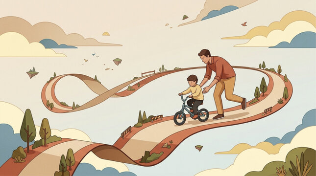 Surreal flat illustration of a father teaching his son to ride a bicycle on a winding ribbon road floating in a cloudy sky, nostalgic vintage colors, supportive parenting concept, AI generated.