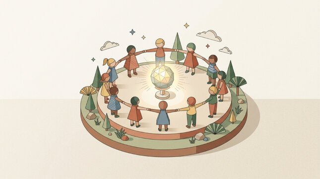 AI Generated Illustration of Diverse Children Holding Hands in a Circle Around a Glowing Globe, Symbolizing Global Unity, Peace, and Environmental Protection in a Minimalist Isometric Style