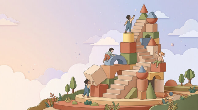 AI Generated illustration of diverse children working together to build a giant tower of blocks and stairs reaching toward a pastel sky, symbolizing teamwork, growth, and imagination.