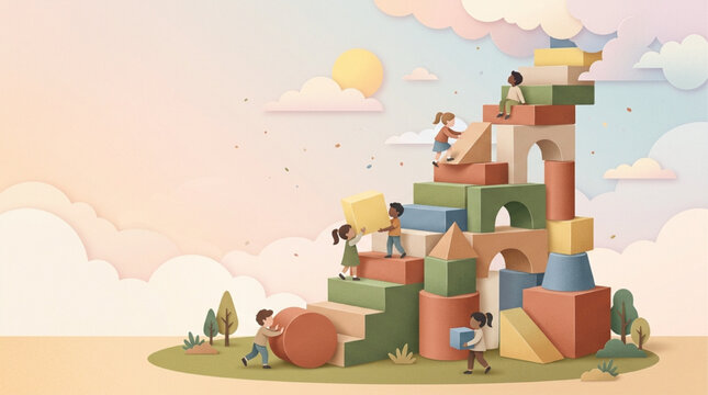 Diverse Children Building a Giant Staircase of Colorful Wooden Blocks Together, Whimsical Pastel Illustration of Teamwork, Growth, and Education, Soft Dreamy Lighting, AI Generated