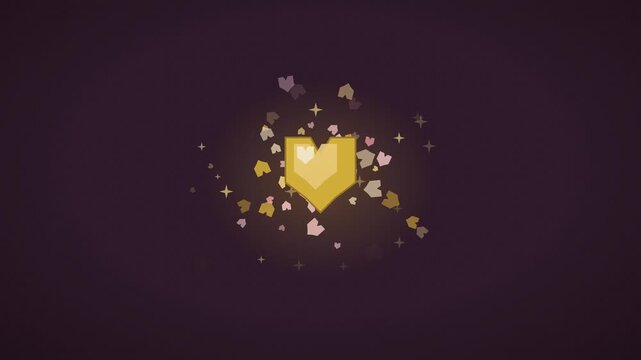 Gold heart bursting with colorful heart confetti on deep plum