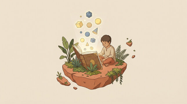 Whimsical Illustration of a Young Boy Reading a Glowing Magic Book on a Floating Island with Floating Geometric Shapes, Symbolizing Imagination, Learning, and Fantasy Storytelling, AI Generated
